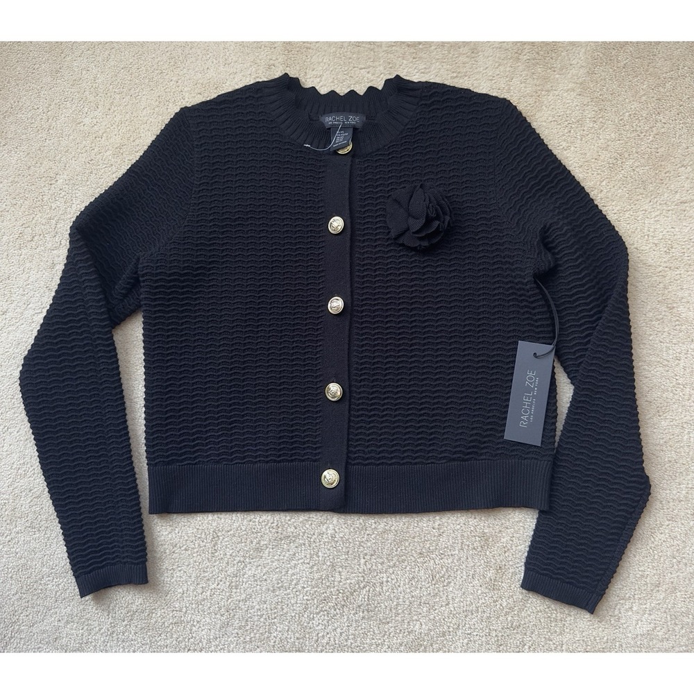 Rachel Zoe Cardigan Sweater XS Black Gold Buttons Rosette Detail New With Tags‎